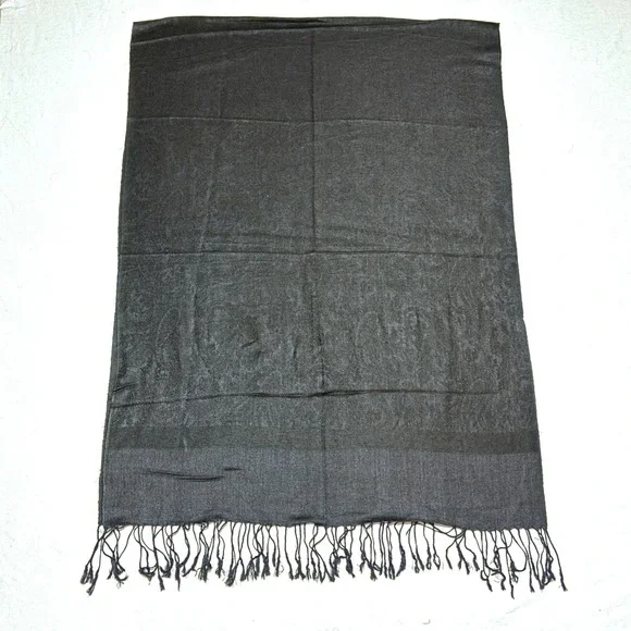 Pashmina Scarf Unisex OS Black Cashmere Silk Blend Paisley Jacquard Fringe Wrap