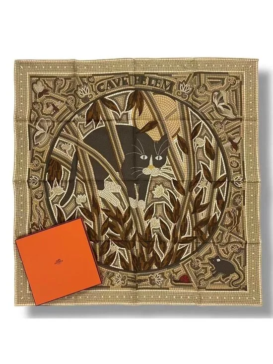 Hermes Carre 90 Scarf Silk Cave Felem Beware Of Cats Beige