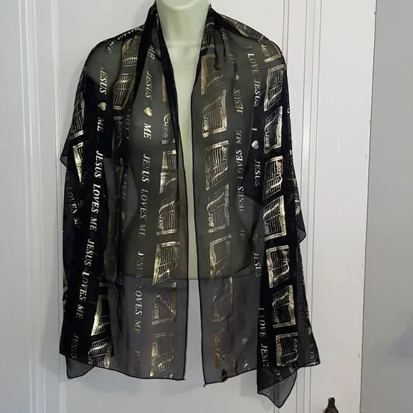 Vtg kitschy‎ black & gold polyester “Jesus Loves Me” & “I love Jesus” scarf wrap