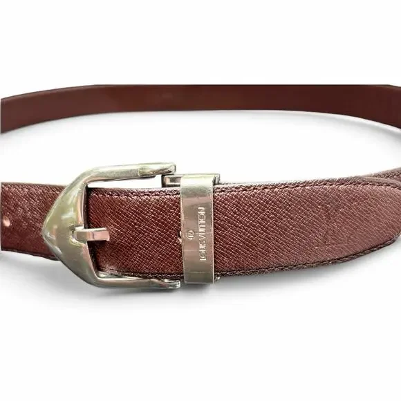 Louis Vuitton Taiga Leather Belt Silver Buckle Brown Made in France