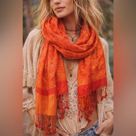 Womens Pashmina Silk Scarf Orange Red Paisley Boho Fringe Oversized Artsy