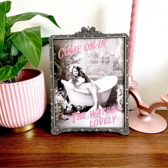 Vintage Style Mermaid in a Bathtub Canvas Wall Art Silver Rhinestone Framed