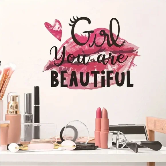 “Girl You Are Beautiful” Wall Decal Pink Lip Print Inspirational Quote NWT