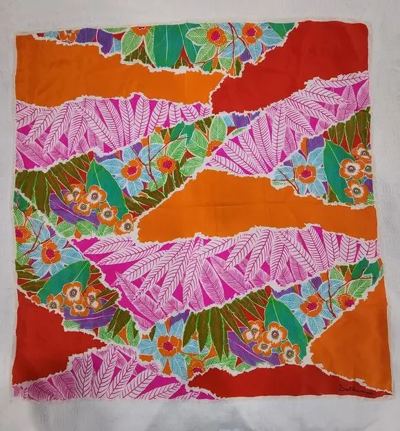 Saldarini Italy Silk Square Scarf Tropical Floral Orange Rust Magenta 30in