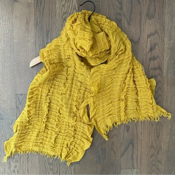 Eileen Fisher Gauze Stretch Wool Blend Ruffle Oblong Scarf Mustard Yellow 68