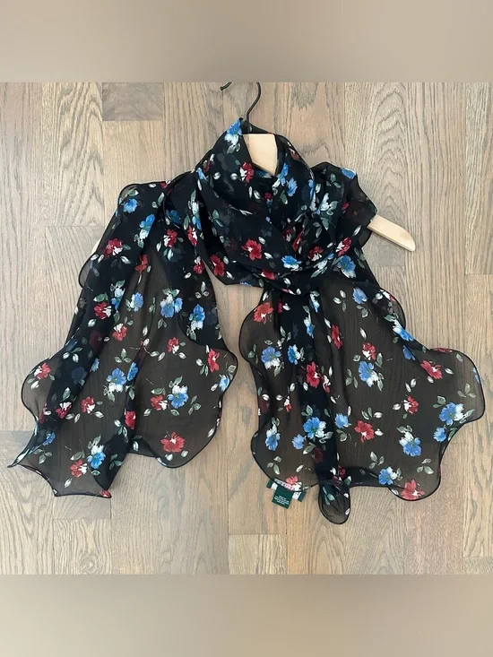 Vintage Ralph Lauren Ruffle Sheer Silk Floral Oblong Scarf Black Multicolor 64