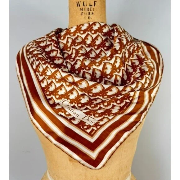 Christian Dior Silk Ivory Brown Trotter Square Scarf Luxury Old Money Classic