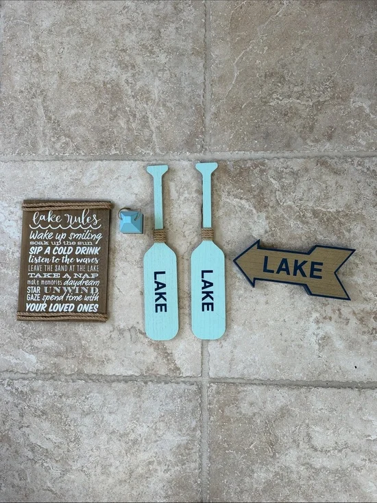 Lake Sign Wall Decor Set in Light Blue and Natural Wood. Never used.
