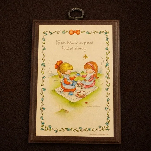 Vintage Joan Walsh Anglund Hallmark Wood Plaque Friendship Picnic Art 7x5