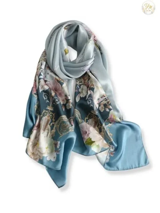 100% Mulberry Silk Scarf for Women, Long Wrap 68x21, Floral Print