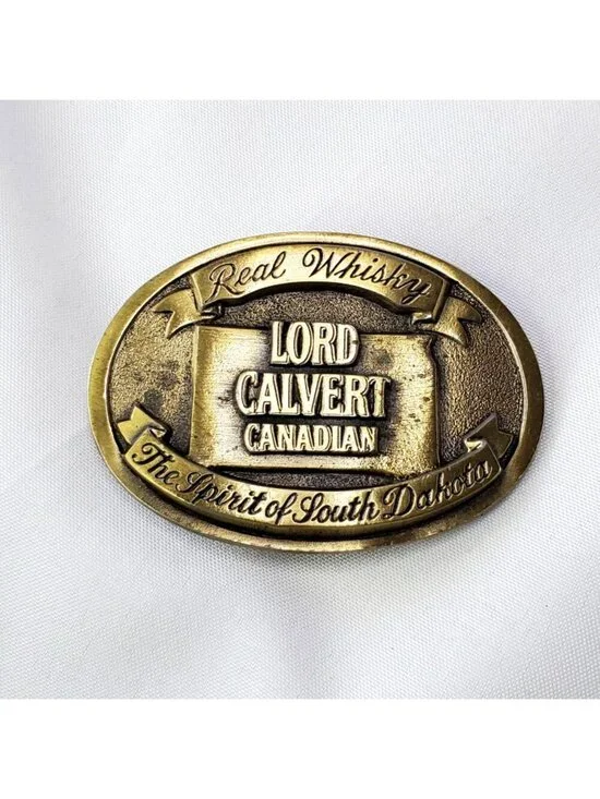 Lord Calvert Canadian Brass Belt Buckle Real Whisky of South Dakota Made In USA