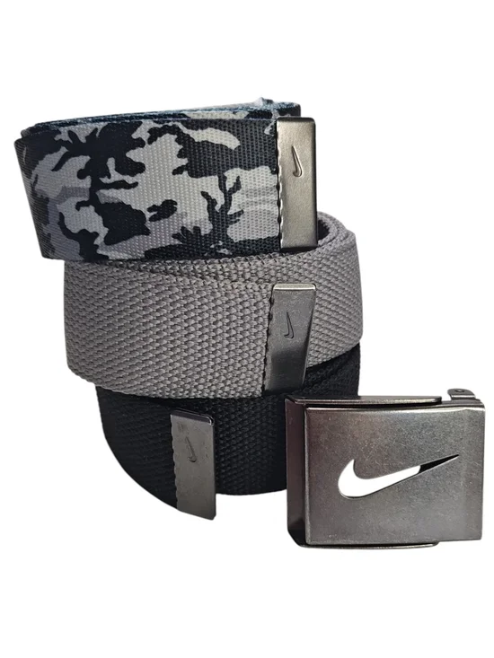 Nike Golf Belt 3-Pack Interchangeable Canvas Strap Black Gray Camo Bottle Opener