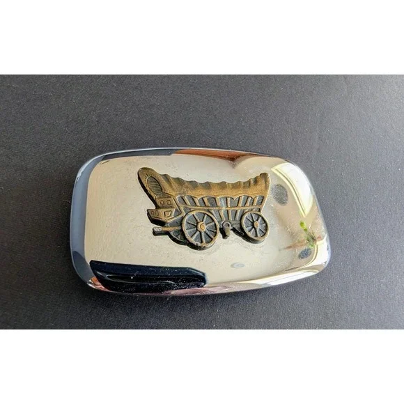 Vintage Covered Wagon Belt Buckle Made in USA Chrome Brass Tone Western Pioneer
