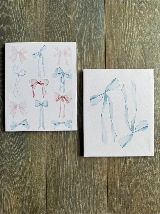 Ribbon Bow Canvas Wall Art Set - Blue & Pink