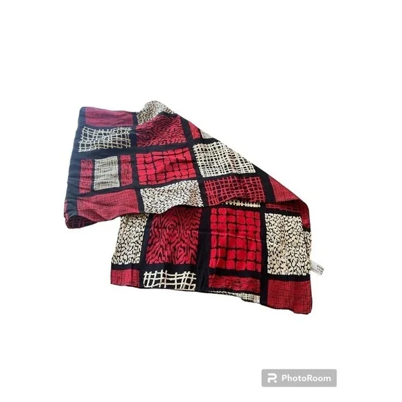 Essential Classics‎ Red Black Cream Geometric Patchwork 100% Silk Scarf Wrap