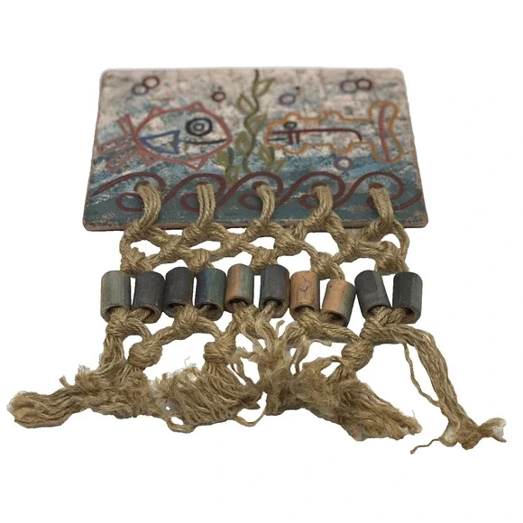 Decorative Ceramic Fish Tile Wall Hanging Handcrafted Cusco Peru Rope Color Bead
