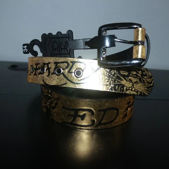 NWT Ed Hardy Unisex Graphic Y2K Belt Gold Black Gold-Tone Size 34