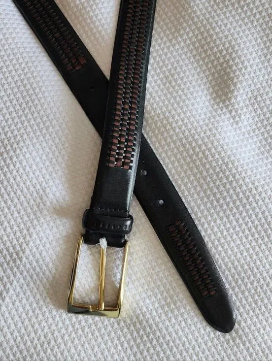 Trafalgar Black Leather Belt with Brown Woven Inlay and Gold Buckle