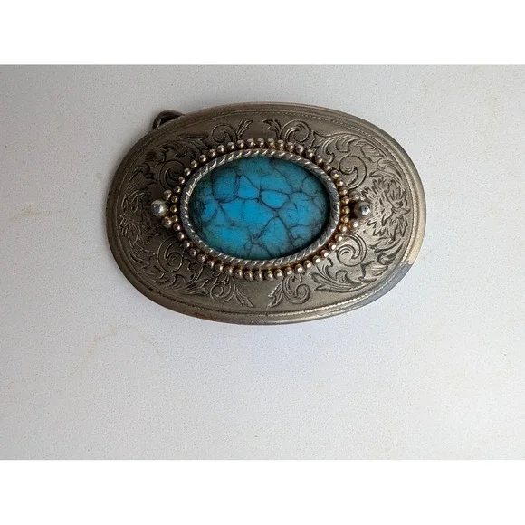 Vintage Western Belt Buckle Faux Turquoise Oval Floral Engraved Silver Tone
