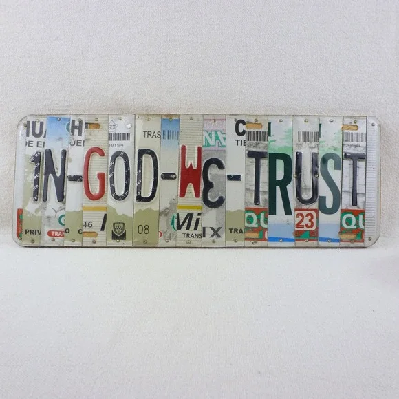 In God We Trust Recycled License Plate Art Wood‎ Mounted Wall Decor 16.5x5.5