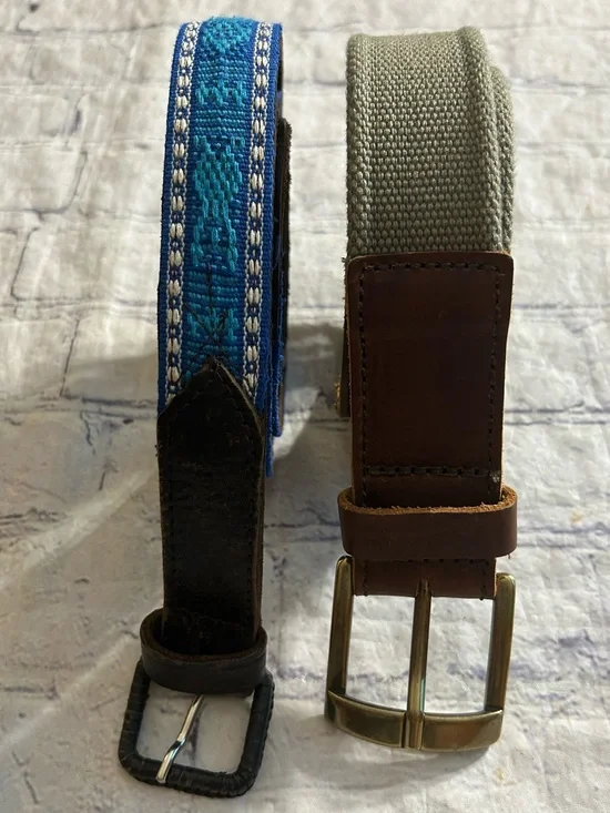 CHUNKY BROWN LEATHER ON SAGE WEB BAND SIZE 34 & VTG BLUE MULTI EMBOSSED BELTS