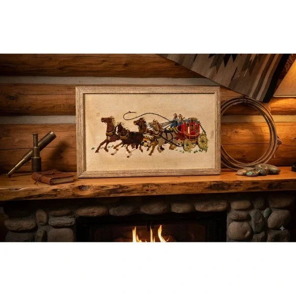 Vintage Western Stagecoach Horse Needlepoint Framed Wall Art 20.5x13 Grumbacher