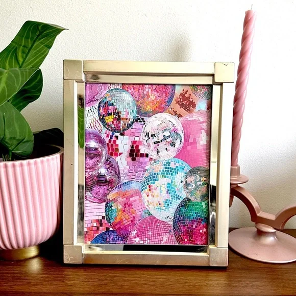 Disco Ball Mirror Ball Colorful Canvas Art Print Vintage Silver Tone Frame 70’s