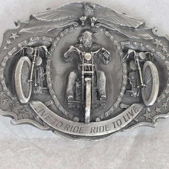 Vintage 1987 Bergamot 3d Pewter Motorcycle Belt Buckle‎ V-45 Live to Ride Eagle