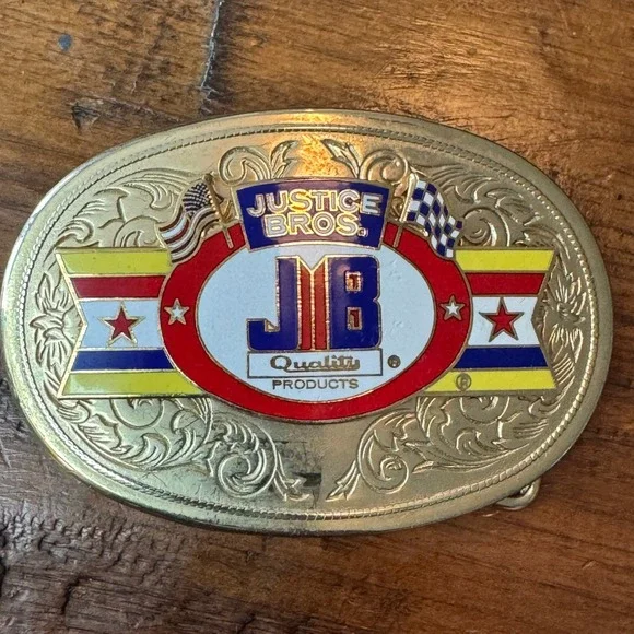Vintage Justice Bros JB Racing Belt Buckle Gold‎ Tone Western Scrollwork Enamel