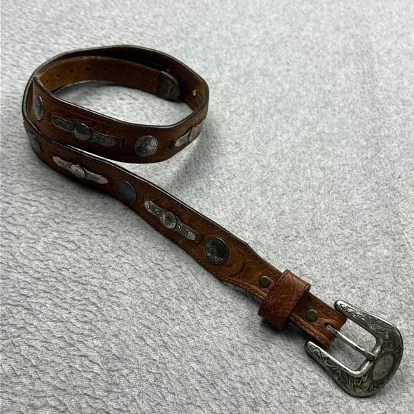 California Billy Belt Mens 34 Brown Leather Concho Western Engraved Buckle 1993