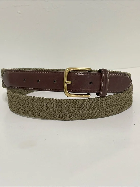 VTG Lands End Olive Green Stretch Belt Leather Trim Solid Brass Buckle Size 44