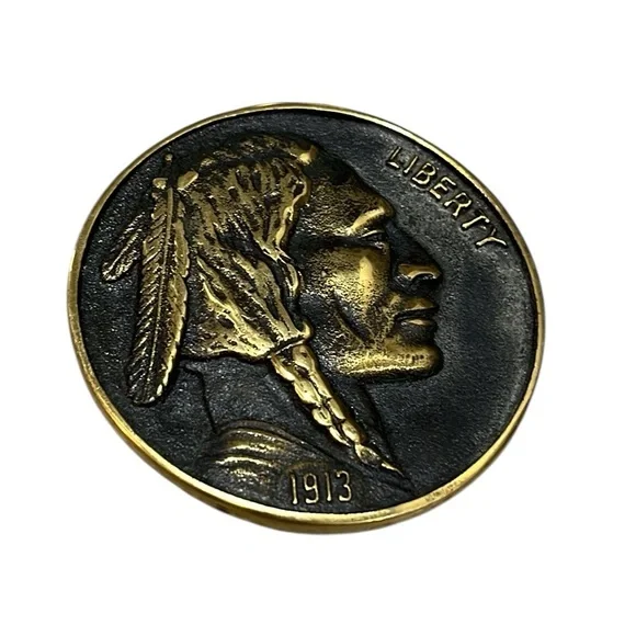 VINTAGE 1976 HERITAGE MINT INDIAN COIN SOLID BRASS BELT BUCKLE UNISEX
