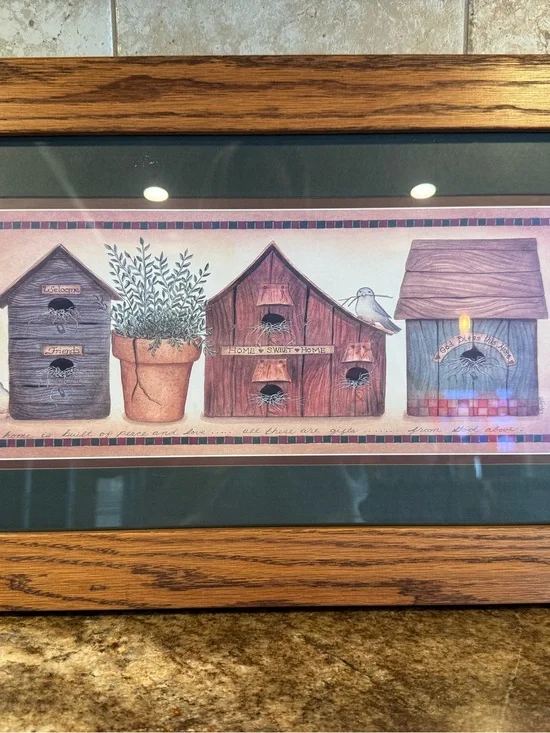 Home Interiors Framed Birdhouse Print Primitive Country Wall Art 23x13