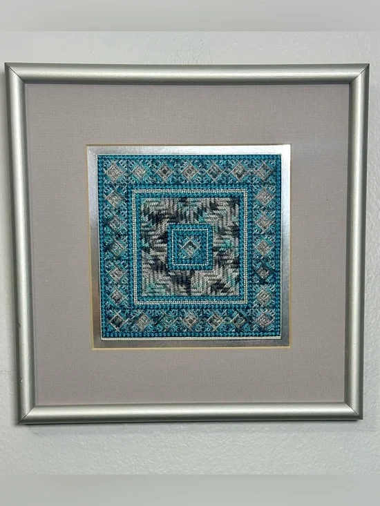 Framed Teal Gray Geometric Yarn Needlepoint Embroidery Wall Art  9 3/4” square