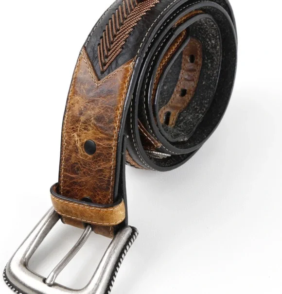 VTG Resistol Western Brown Black Leather Chevron Stitched Silver Buckle Belt 36