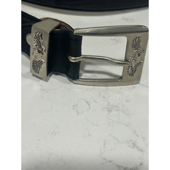 Mens Black Leather Belt Eagle USA Embossed‎ Silver Buckle Size L