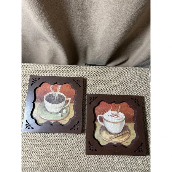 New View Coffee Latte Wall Art Set of 2 Brown Square Kitchen Decor 9.5x9.5