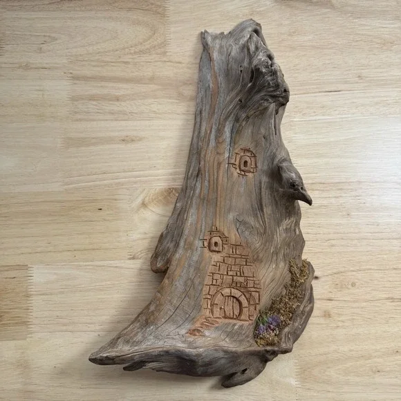 Hand Carved Driftwood Bark Fairy House Door Signed Wall‎ Hanging VTG Leaich 1988
