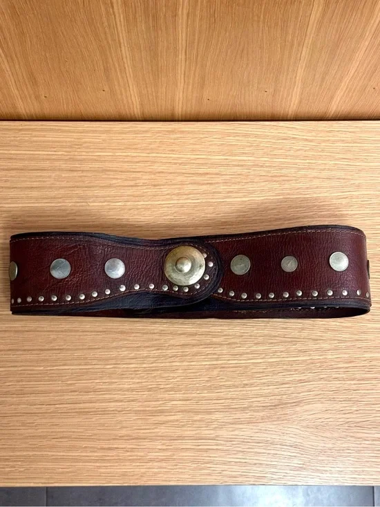 Vintage 1970s Coin-Studded Wide Leather Waist Belt w/ Brass Accent, Men’s XL
