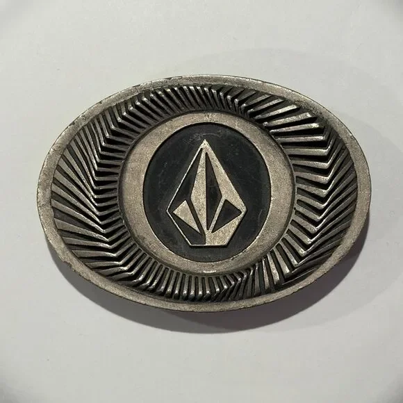 Vintage 00s Volcom Skateboards Spiral Oval Belt Buckle Silver Skater Skate Y2K