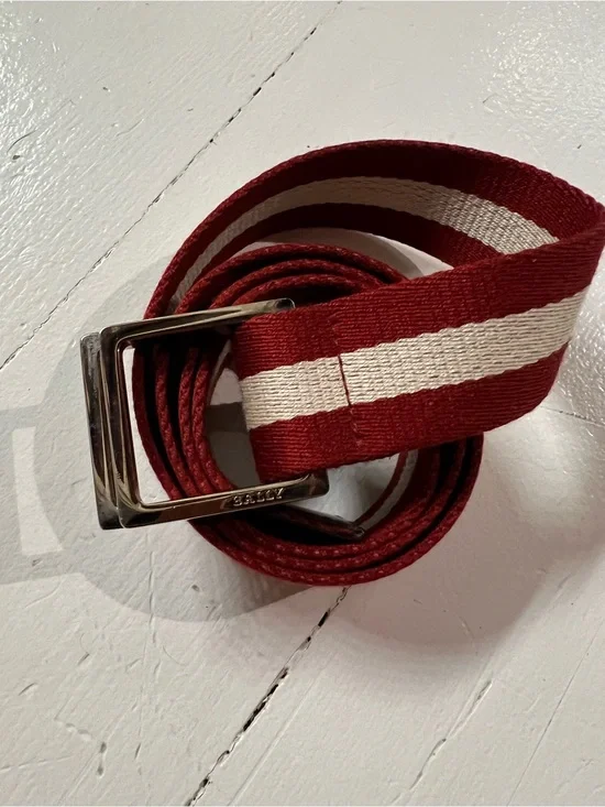 Bally Striped Red and White Fabric Belt with Silver Buckle