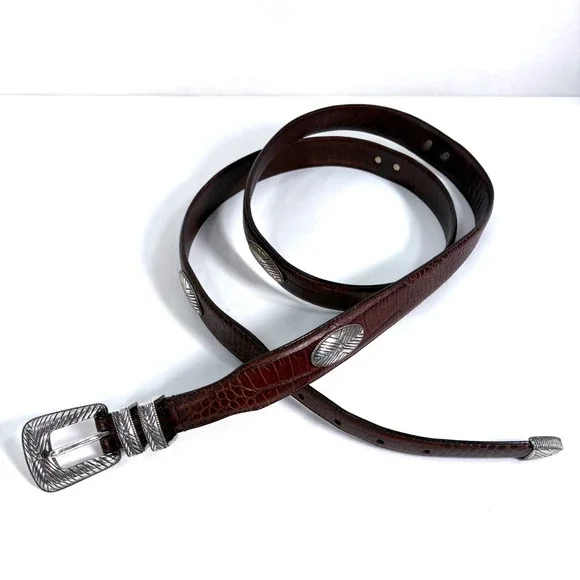 Roundtree‎ & Yorke Belt Brown Croc Embossed Leather Western Silver Hardware 56