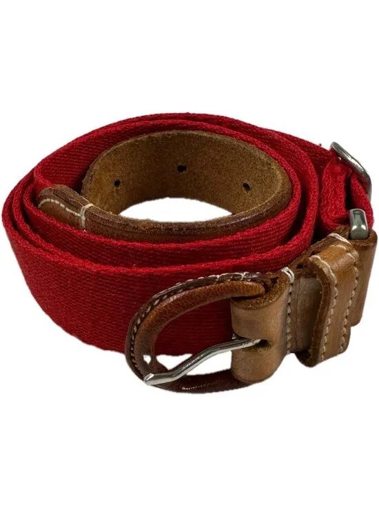Polo Ralph Lauren Red Made in England Canvas with Leather Tabs Slim Belt 37 XL