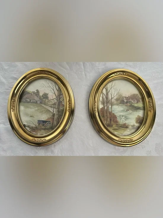 Gold Oval Wall Art Pair with Countryside Prints