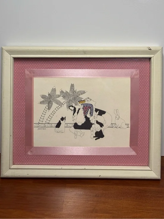Paula Best Bertholf 1980’s Print With Pink Ribbon Matte Framed 11x9