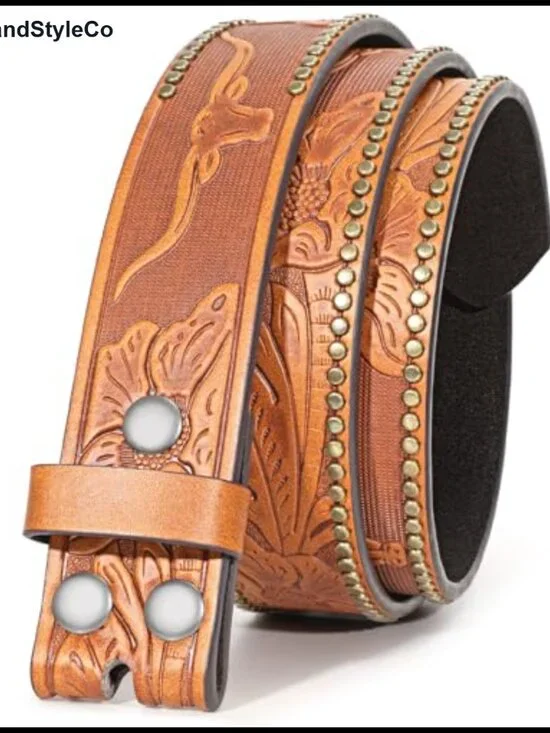 Western PU Leather Belt Strap with Carved Patterns, Interchangeable Buckle, for