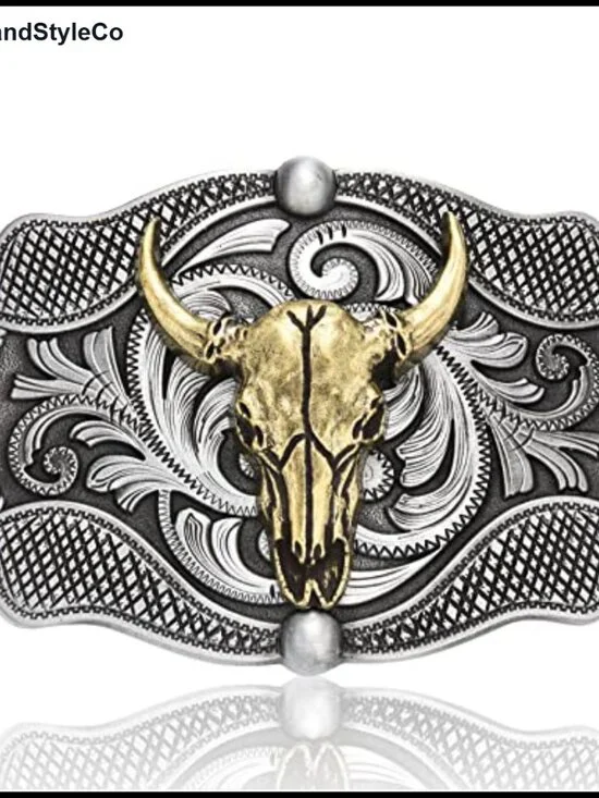 Western Longhorn Horse Belt Buckle, Floral Cowboy Antique Style, Fits 1.5