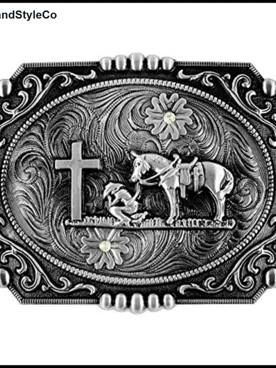 Western Cross Cowboy Kneeling Prayer Horse Belt Buckle - Zinc Alloy, Fits 1.5