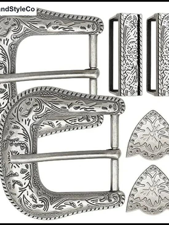 6 Piece Cowboy Replacement Belt Buckle Set Western Floral Engraved Silver for