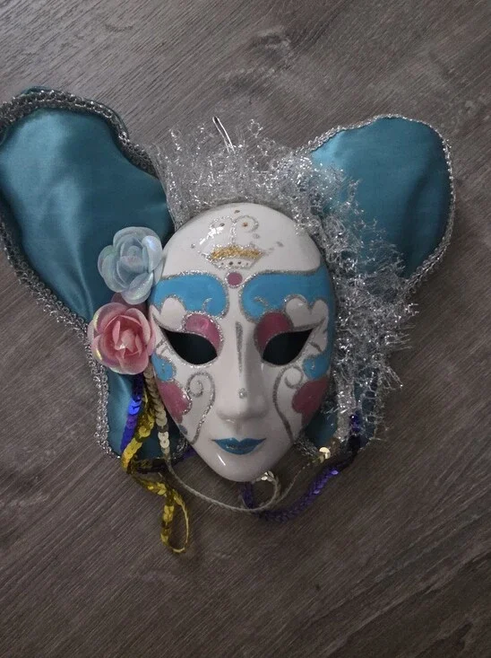 White Decorative Carnival Mask with Turquoise and Pink Accents